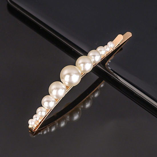 Picture of Zinc Based Alloy & Acrylic Hair Clips Gold Plated White Imitation Pearl 9.5cm, 1 Piece