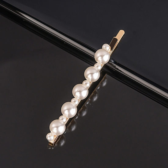 Picture of Zinc Based Alloy & Acrylic Hair Clips Gold Plated White Imitation Pearl 9.5cm, 1 Piece