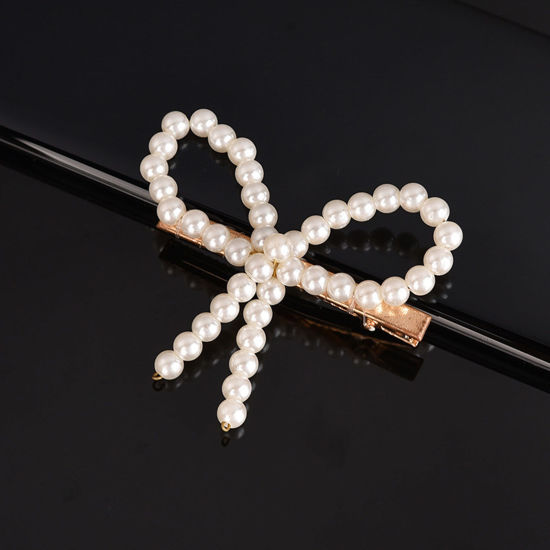 Imagen de Aleación de metal de Zinc + Acrílico Pinzas de pelo Chapado en Oro Blanco Bowknot Imitación de perla 6cm, 1 Unidad