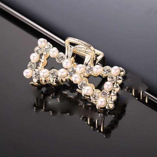 Image de Pinces à Cheveux en Alliage de Zinc+Acrylique Doré Blanc Nœuds Papillon à Strass Transparent Imitation Perles 5cm, 1 Pièce