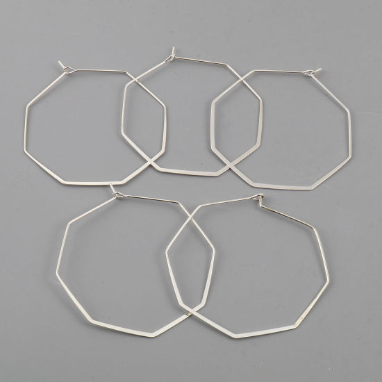 Picture of 10 PCs Brass Simple Hoop Earrings Silver Plated Octagon 48mm x 48mm