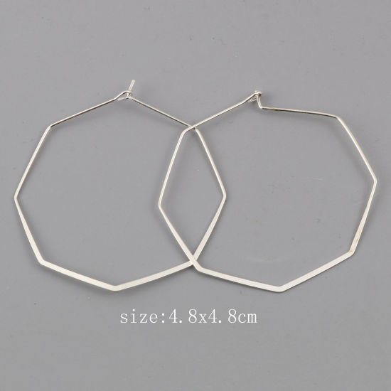 Picture of 10 PCs Brass Simple Hoop Earrings Silver Plated Octagon 48mm x 48mm