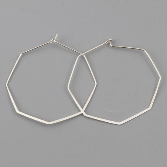 Picture of 10 PCs Brass Simple Hoop Earrings Silver Plated Octagon 48mm x 48mm