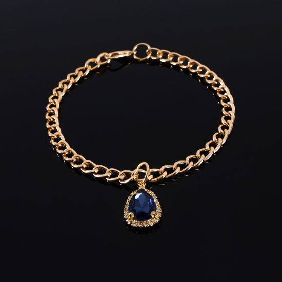 Picture of Pet Collar Necklace Gold Plated Drop Royal Blue Cubic Zirconia 20cm(7 7/8") long, 1 Piece