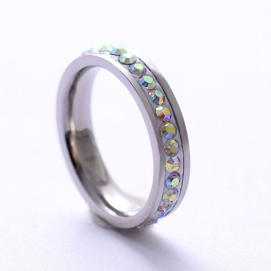 Picture of 201 Stainless Steel Micro Pave Unadjustable Rings Silver Tone AB Color Rhinestone 21.4mm(US Size 12), 1 Piece