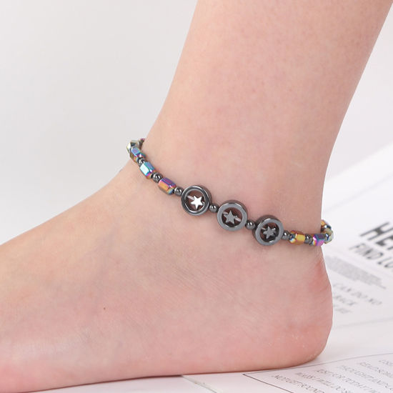 Picture of 1 Piece Hematite Therapy Health Weight Loss Energy Slimming Lymphatic Drainage Magnetic Beaded Anklet AB Color Round Pentagram Star 7cm Dia.