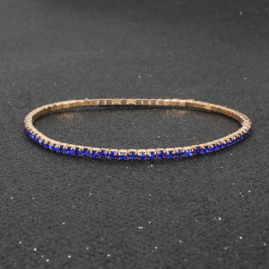 Picture of Shining Rhinestone Simple Bracelets Gold Plated Royal Blue Elastic 8cm Dia., 1 Piece