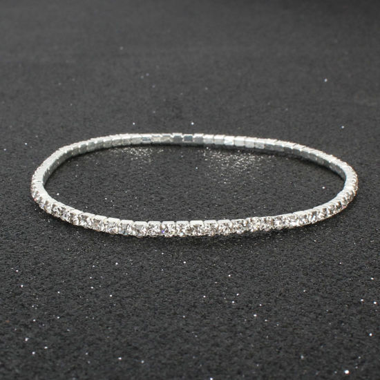 Picture of Shining Rhinestone Simple Bracelets Silver Plated Transparent Clear Elastic 8cm Dia., 1 Piece