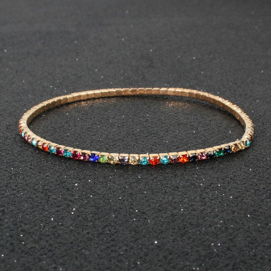 Picture of Shining Rhinestone Simple Bracelets Gold Plated Multicolor Elastic 8cm Dia., 1 Piece