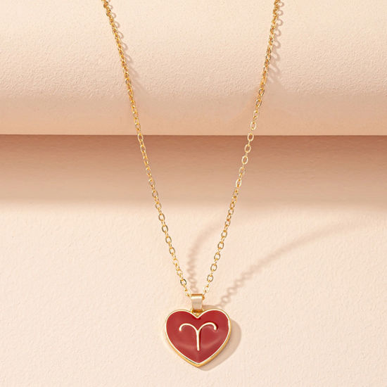 Immagine di Collana Oro Placcato Rosso Scuro Cuore Costellazione Ariete Smalto 40cm Lunghezza, 1 Pz