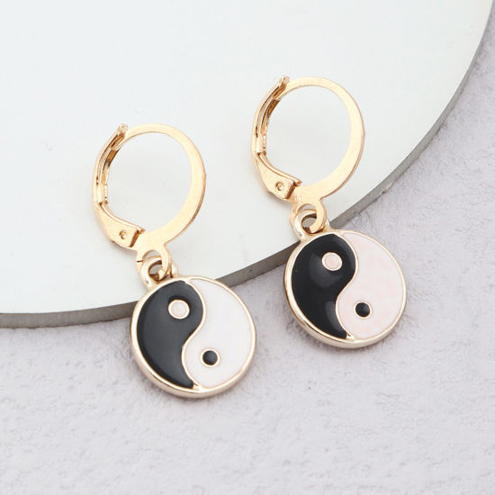 Picture of Religious Ear Clips Earrings Gold Plated Black & White Round Yin Yang Symbol Enamel 27mm x 13mm, 1 Pair