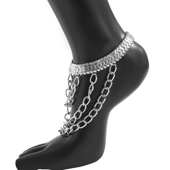 Bild von Stilvolle Einfachheit Mehrschichtige Kette Fußketten Silberfarbe Quast 22cm lang, 1 Strang