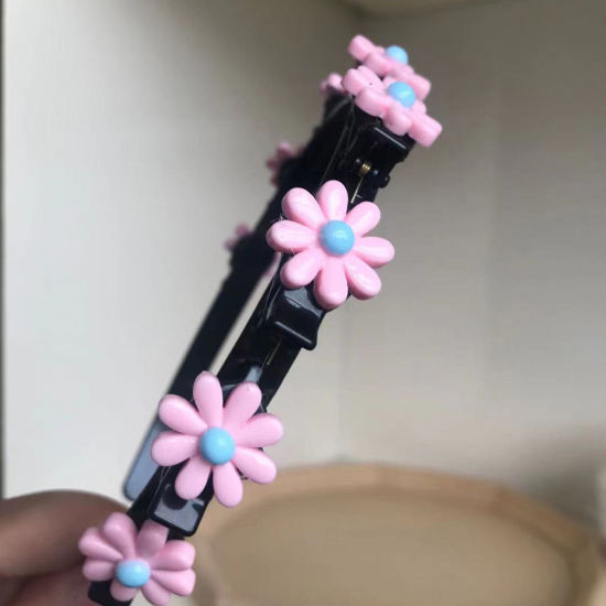 Picture of Acrylic & Resin Children Kids Headband Hair Hoop Braided Hairstyle Pink Flower 11cm Dia., 1 Piece