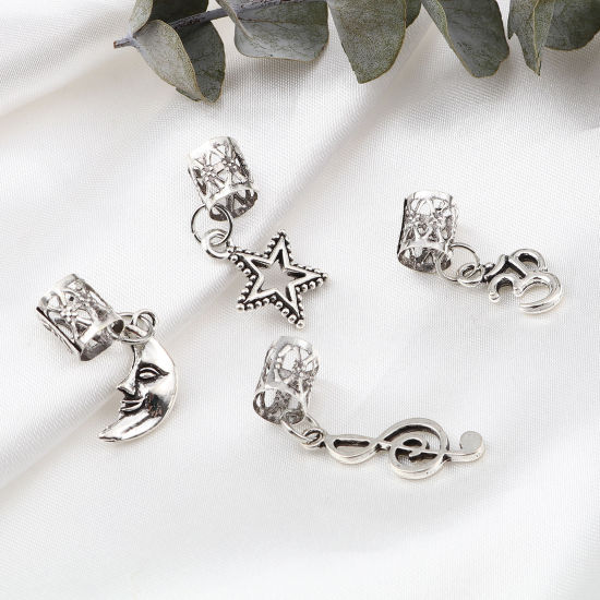 Image de Perles de Cheveux Tressés Dreadlock en Alliage de Zinc Note Musicale Lune Argent Vieilli 3.6x1cm - 1.9x0.7cm, 1 Kit （ 10 Pcs/Kit)