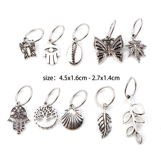 Picture of Zinc Based Alloy Hair Braiding Dreadlock Beads Butterfly Animal Shell Antique Silver Color 4.5x1.6cm - 2.7x1.4cm, 1 Set ( 10 PCs/Set)