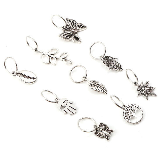 Picture of Zinc Based Alloy Hair Braiding Dreadlock Beads Butterfly Animal Shell Antique Silver Color 4.5x1.6cm - 2.7x1.4cm, 1 Set ( 10 PCs/Set)