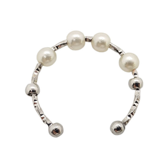 Bild von Kupfer Stress Entlastung Angst Fidget Spinner Offen Verstellbar Ring Silberfarbe Weiß Perlen Imitation Perle 16mm - 22mm, 1 Stück