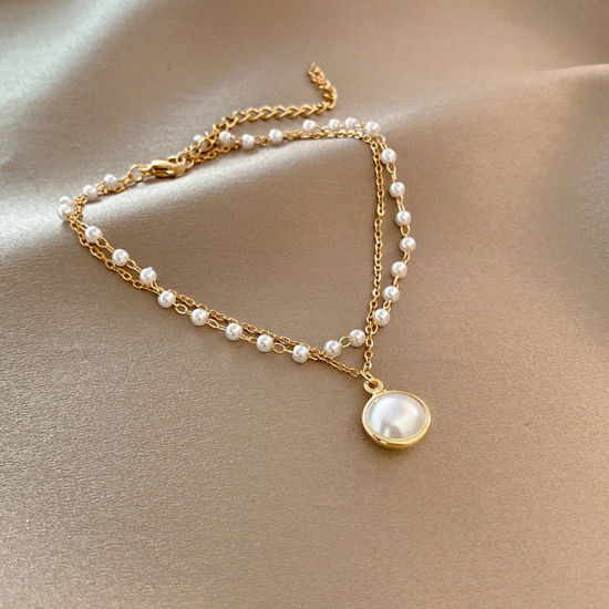 Picture of 1 Piece Brass Exquisite Multilayer Layered Bracelet Round Disc Gold Plated Imitation Pearl 17cm(6.7") long