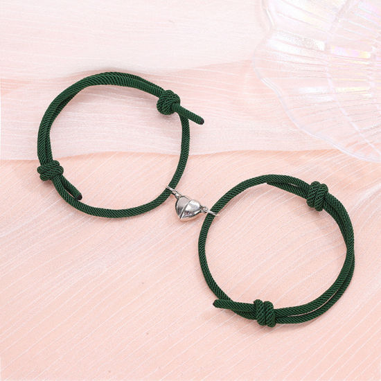Picture of Polyamide Nylon Couple Waved String Braided Friendship Bracelets Silver Tone Dark Green Heart Magnetic 26cm - 14cm long, 1 Set ( 2 PCs/Set)