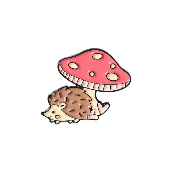 Picture of Cute Pin Brooches Hedgehog Mushroom Gold Plated Pink Enamel 2.8cm x 2.3cm, 1 Piece