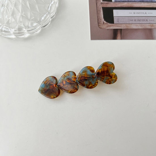 Picture of Acetic Acid Resin Acetate Acrylic Acetimar Marble Retro Hair Clips Gold Plated Brown Heart 6.9cm x 2cm, 1 Piece