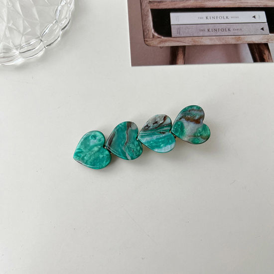 Picture of Acetic Acid Resin Acetate Acrylic Acetimar Marble Retro Hair Clips Gold Plated Peacock Green Heart 6.9cm x 2cm, 1 Piece
