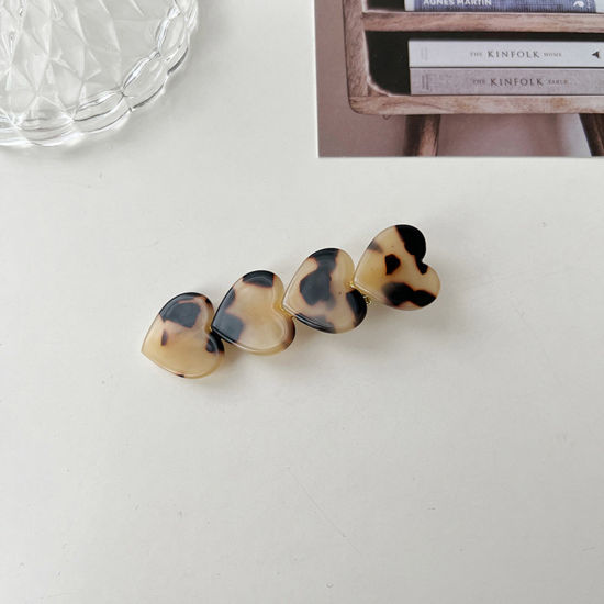 Picture of Acetic Acid Resin Acetate Acrylic Acetimar Marble Retro Hair Clips Gold Plated Coffee Heart 6.9cm x 2cm, 1 Piece