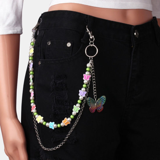 Bild von Acryl Hip-Hop Schlüsselanhänger Taille Hose Doppelschicht Hose Kette Schmuck Schmetterling Tier Silberton Mehrfarbig Perlen 37-47cm lang, 1 Stück
