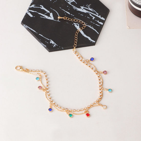 Picture of Exquisite Multilayer Layered Anklet Gold Plated Tassel Multicolour Cubic Zirconia 20cm(7 7/8") long, 1 Piece