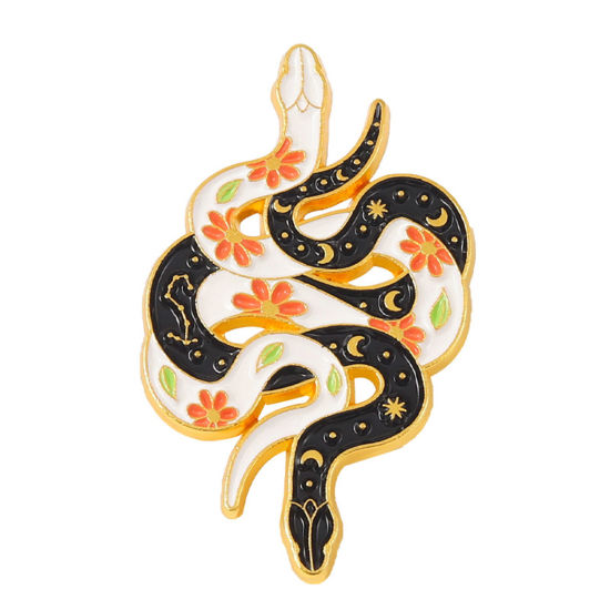 Picture of Gothic Pin Brooches Snake Animal Flower Gold Plated Black Enamel 3cm x 1.8cm, 1 Piece