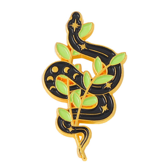 Picture of Gothic Pin Brooches Snake Animal Leaf Gold Plated Black Enamel 3cm x 1.5cm, 1 Piece