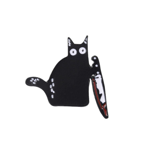 Picture of Cute Pin Brooches Knife Cat Silver Tone Black Enamel 2.8cm x 1.9cm, 1 Piece