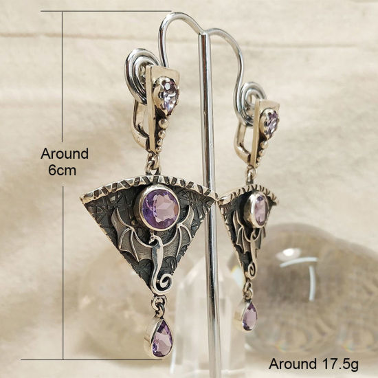 Picture of Retro Boho Chic Bohemia Earrings Gold Tone Antique Gold Fan-shaped Dragon Pink Cubic Zirconia 6cm, 1 Pair