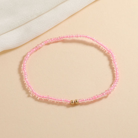 Picture of Glass Boho Chic Bohemia Beaded Anklet Gold Plated Pink Round 21cm(8 2/8") long, 1 Piece