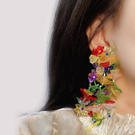 Picture of Resin & Plastic Ethnic Earrings Gold Plated Multicolor Tassel Flower 10cm x 3.5cm, 1 Pair