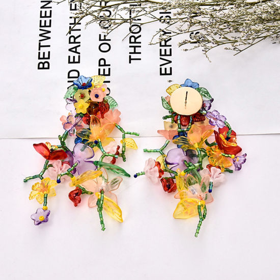 Picture of Resin & Plastic Ethnic Earrings Gold Plated Multicolor Tassel Flower 10cm x 3.5cm, 1 Pair