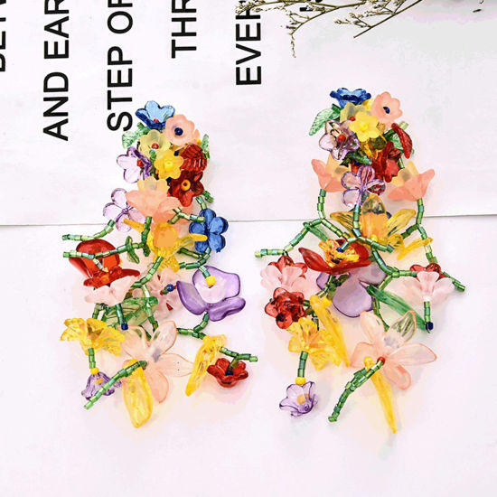 Picture of Resin & Plastic Ethnic Earrings Gold Plated Multicolor Tassel Flower 10cm x 3.5cm, 1 Pair