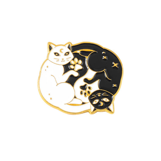 宗教 ブローチ 猫 太極 金メッキ 黒 + 白 エナメル 2.5cm x 2cm、 1 個 の画像