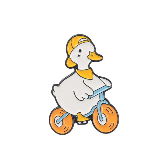 Picture of Cute Pin Brooches Duck Animal Bicycle Yellow Enamel 2.9cm x 1.9cm, 1 Piece