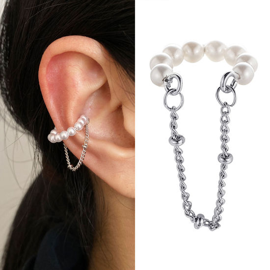 Picture of Stylish Ear Climbers/ Ear Crawlers Tassel Silver Tone Imitation Pearl 3.4cm x 1.5cm, 1 Piece