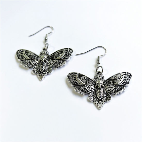 Picture of Retro Boho Chic Bohemia Ear Wire Hook Earrings Antique Silver Color Butterfly Animal Skeleton Skull 4cm x 2cm, 1 Pair