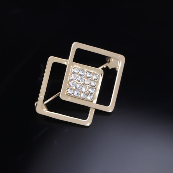 Immagine di Squisito Spilla Quadrato Oro Placcato Trasparente Strass 3.3cm x 2.5cm, 1 Pz