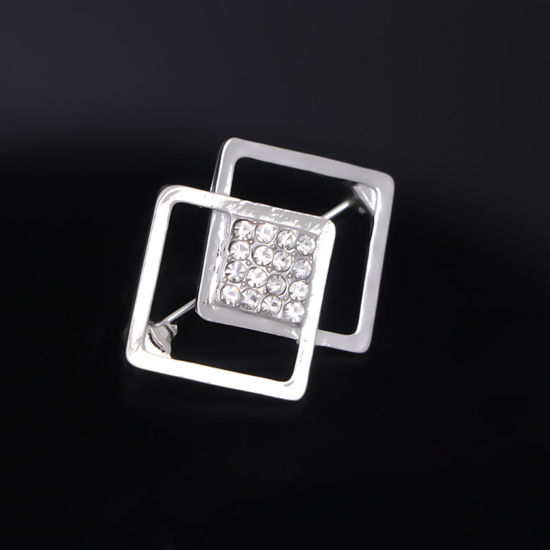 Immagine di Squisito Spilla Quadrato Tono Argento Trasparente Strass 3.3cm x 2.5cm, 1 Pz