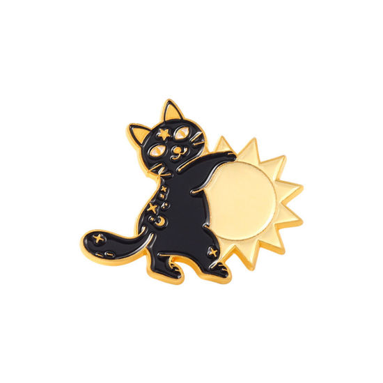 Immagine di Halloween Spilla Gatto Sole Oro Placcato Nero Smalto 2.8cm x 2.4cm, 1 Pz