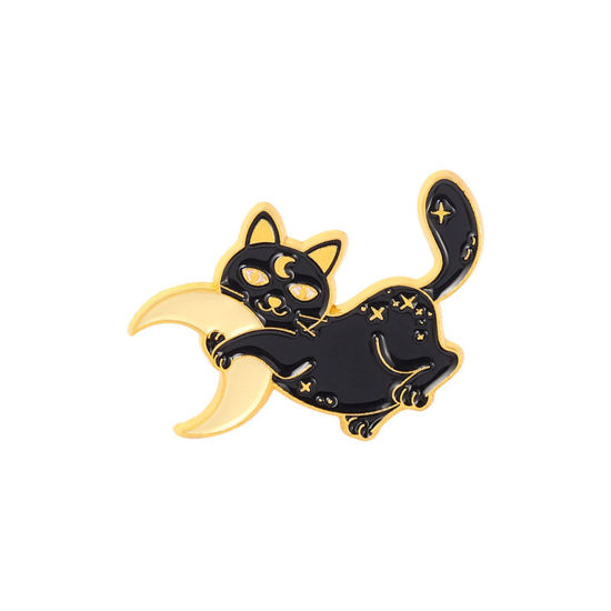 Immagine di Halloween Spilla Gatto Luna Oro Placcato Nero Smalto 2.5cm x 1.8cm, 1 Pz