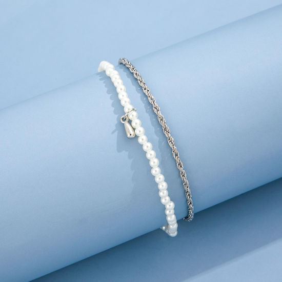 Picture of Acrylic Exquisite Beaded Anklet Set Silver Tone Braided Drop Imitation Pearl 24cm(9 4/8") long, 1 Set ( 2 PCs/Set)