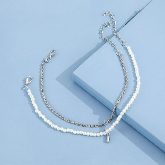 Picture of Acrylic Exquisite Beaded Anklet Set Silver Tone Braided Drop Imitation Pearl 24cm(9 4/8") long, 1 Set ( 2 PCs/Set)