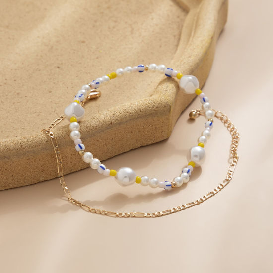 Picture of Acrylic Exquisite Beaded Anklet Set Gold Plated Link Chain Imitation Pearl 20cm(7 7/8") long, 1 Set ( 2 PCs/Set)