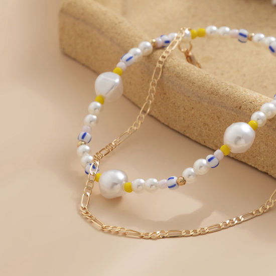 Picture of Acrylic Exquisite Beaded Anklet Set Gold Plated Link Chain Imitation Pearl 20cm(7 7/8") long, 1 Set ( 2 PCs/Set)