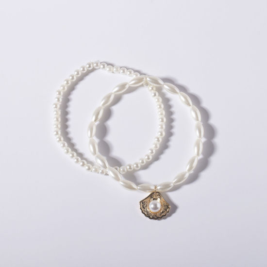 Picture of Acrylic Exquisite Beaded Anklet Set Gold Plated Scallop Imitation Pearl 22cm(8 5/8") long, 1 Set ( 2 PCs/Set)